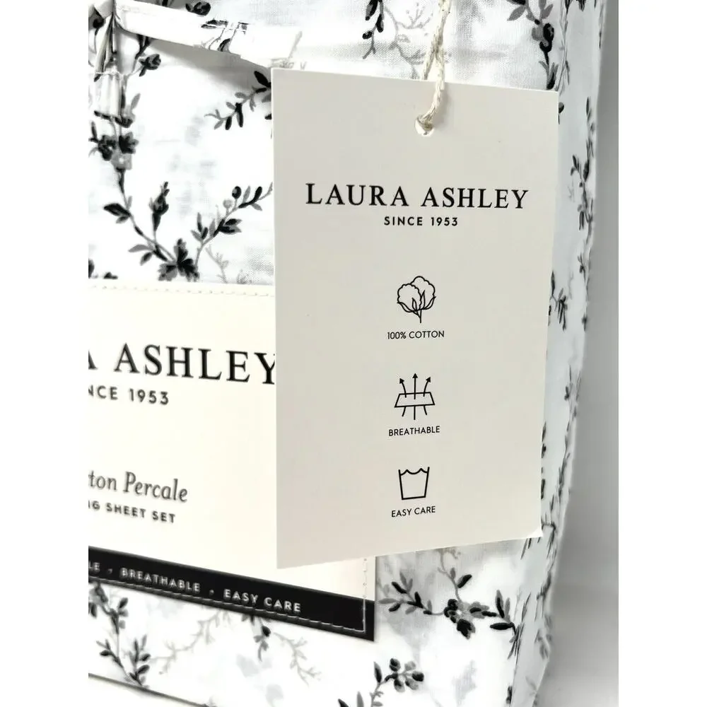 Laura Ashley Percale Cotton KING Sheet Set BLACK White SARAHS SPRIG 4 Pcs. NWT